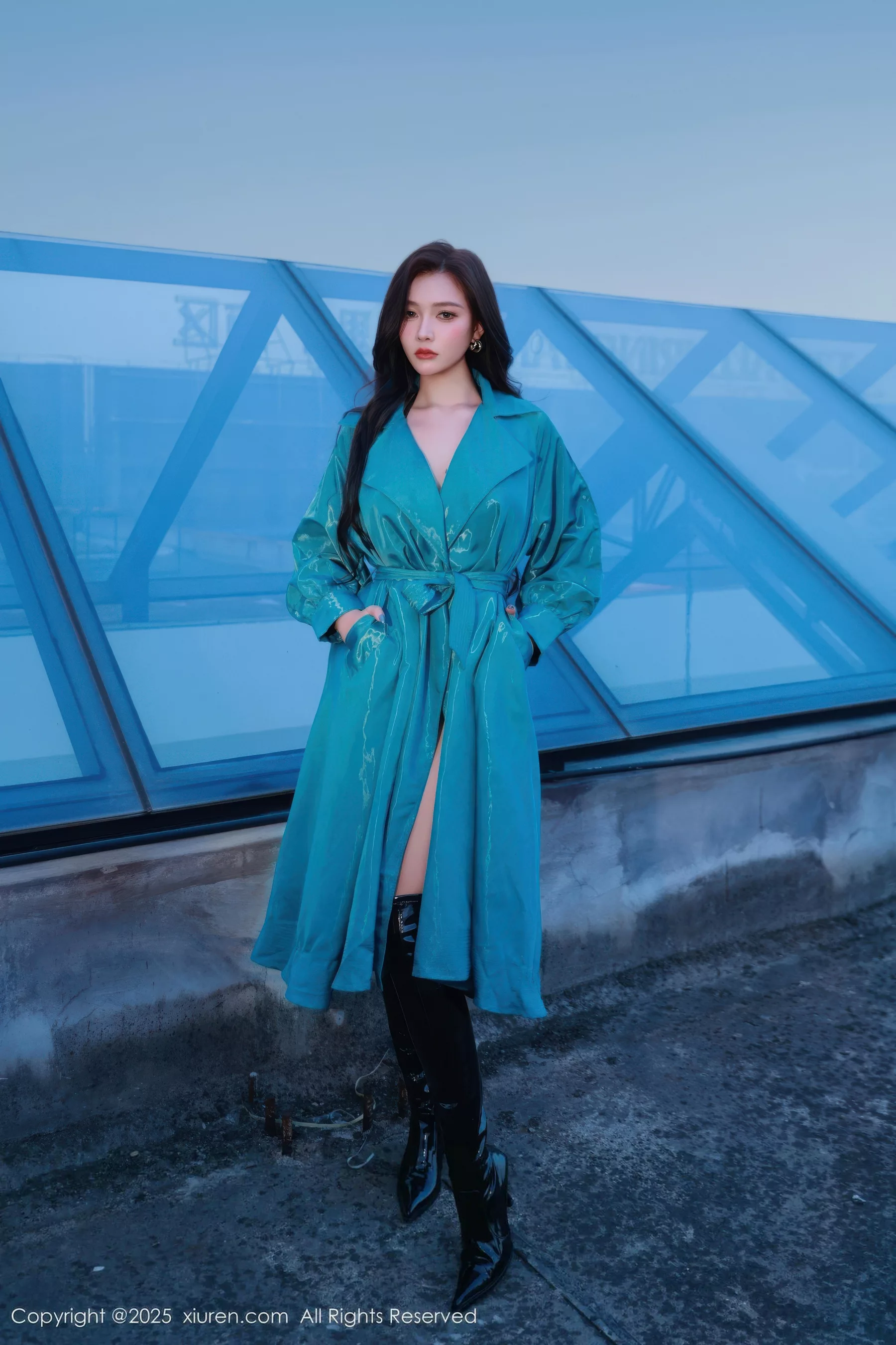 Sexy Blue Trench Coat and Black Lace Lingerie Photoshoot Showcasing Stunning Figure 82P