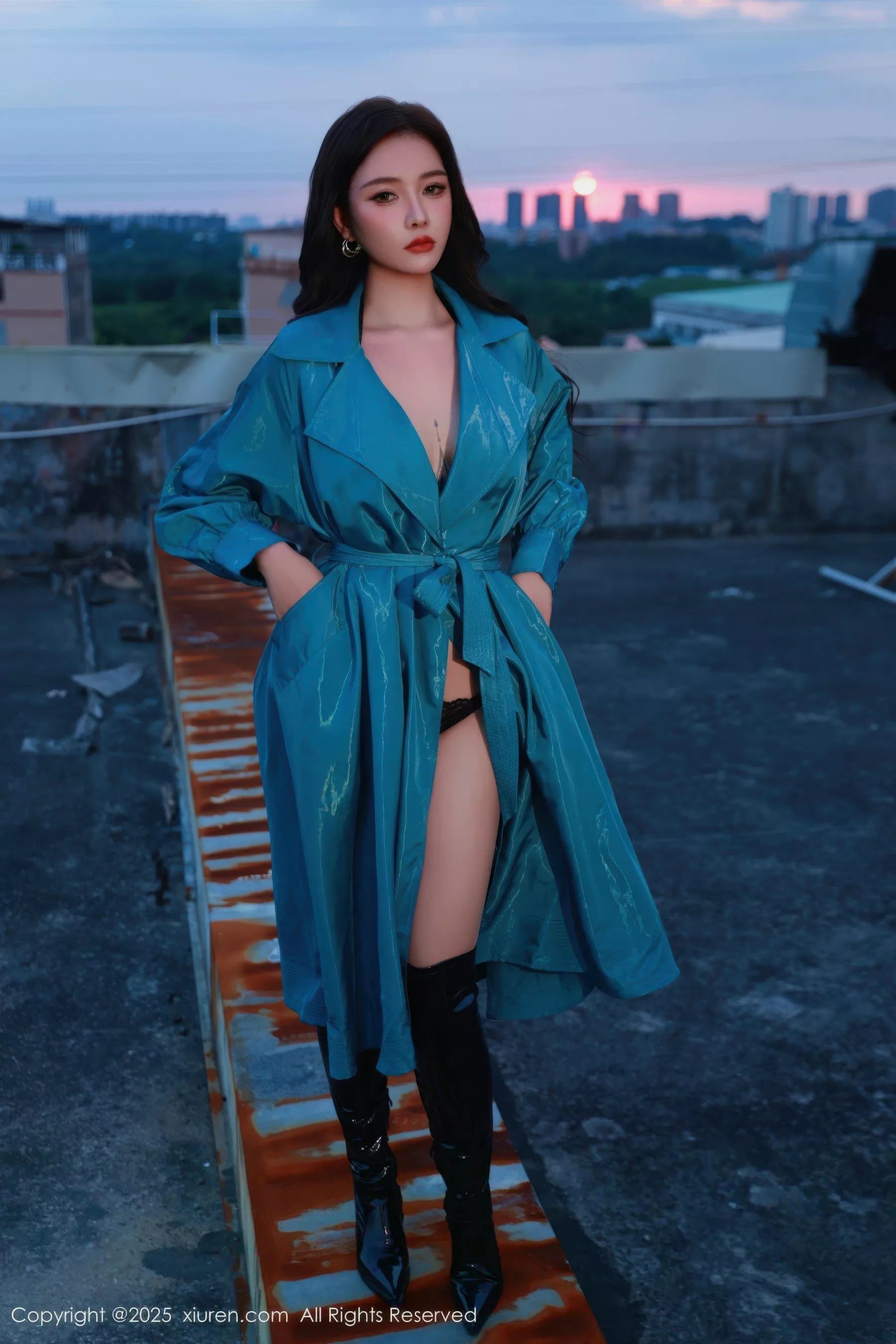 Nabi sexy blue trench coat revealing black lace lingerie showing figure stunning photo shoot 82P 2
