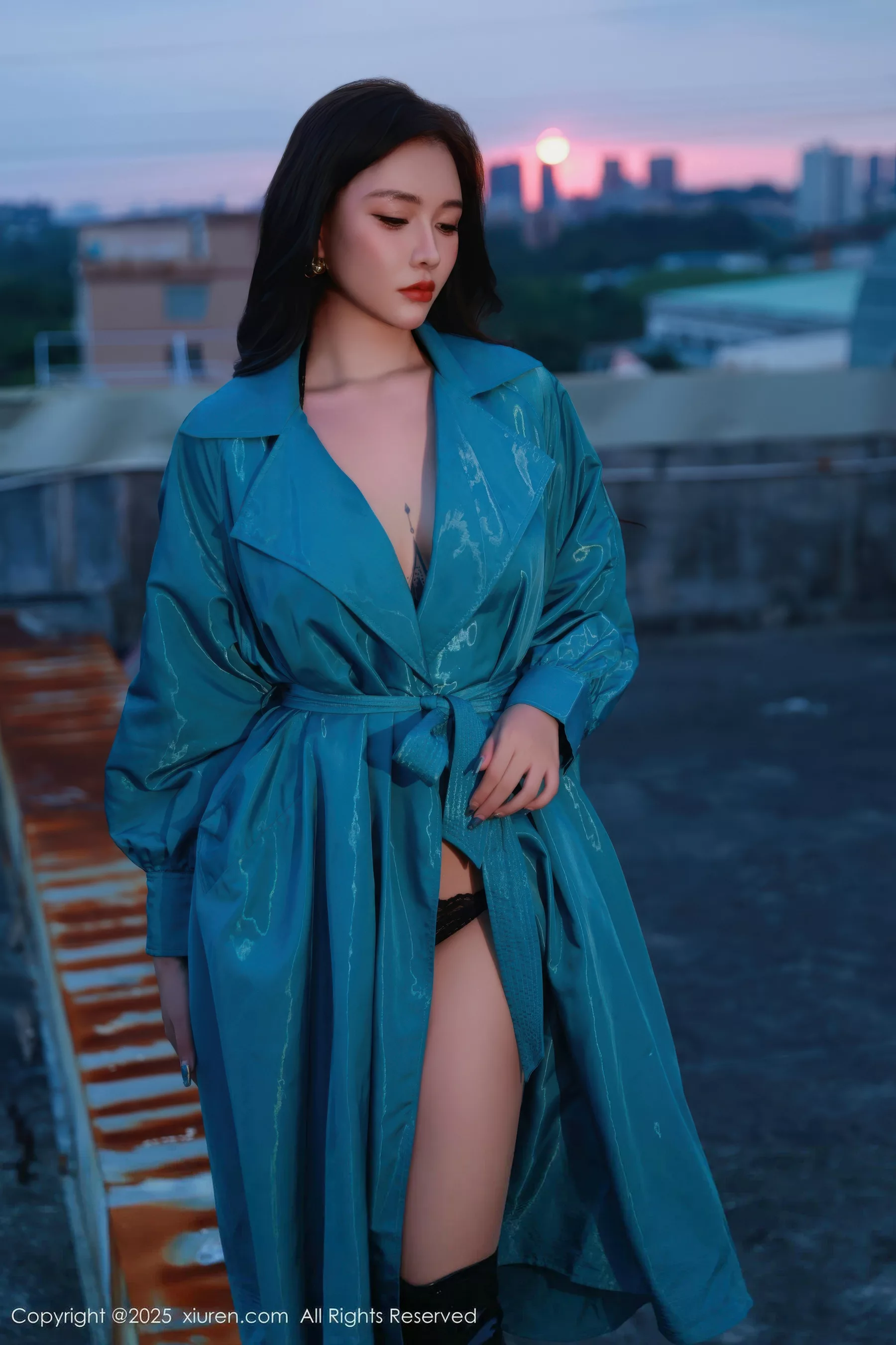 Nabi sexy blue trench coat revealing black lace lingerie showing figure stunning photo shoot 82P 3