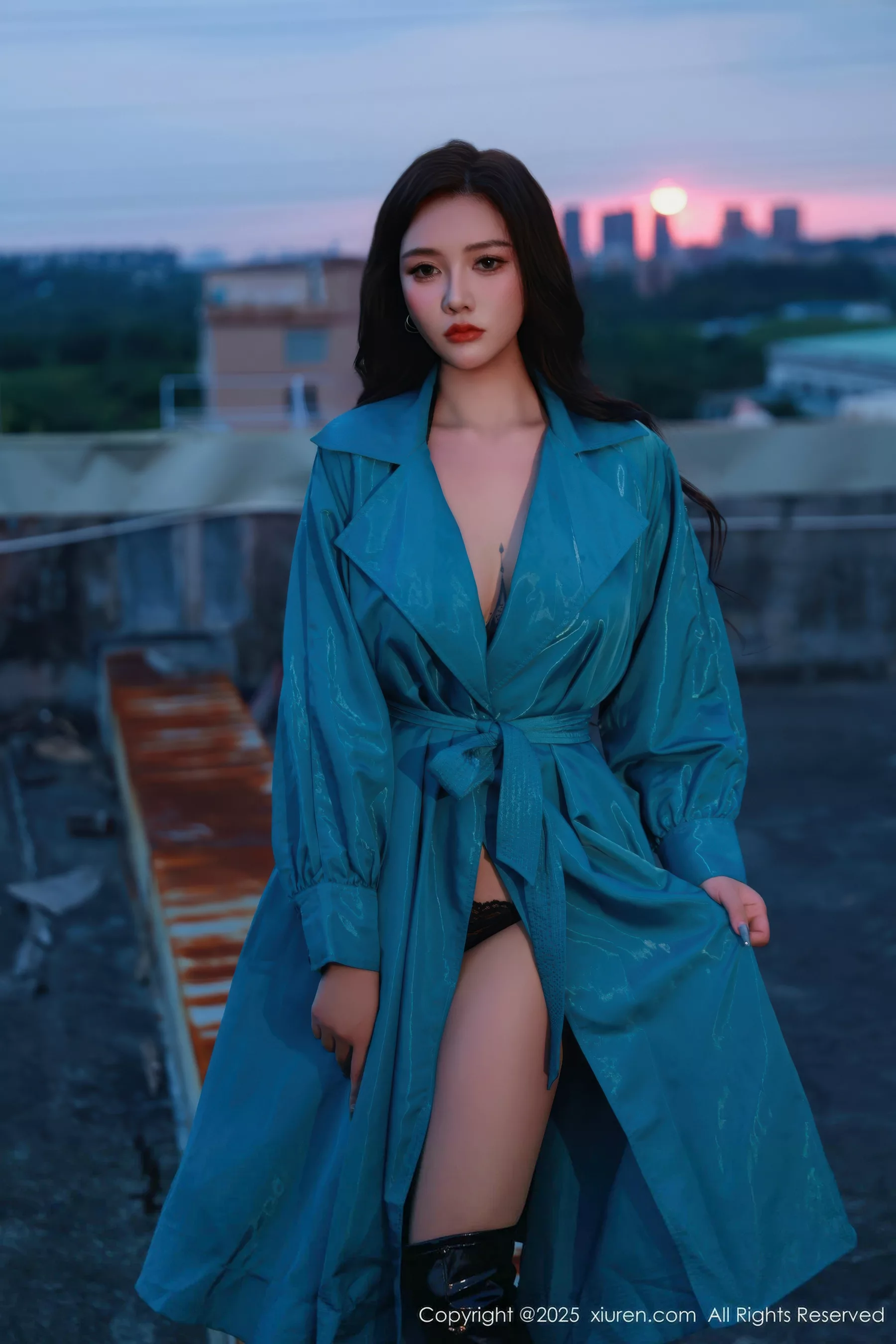 Nabi sexy blue trench coat revealing black lace lingerie showing figure stunning photo shoot 82P 4