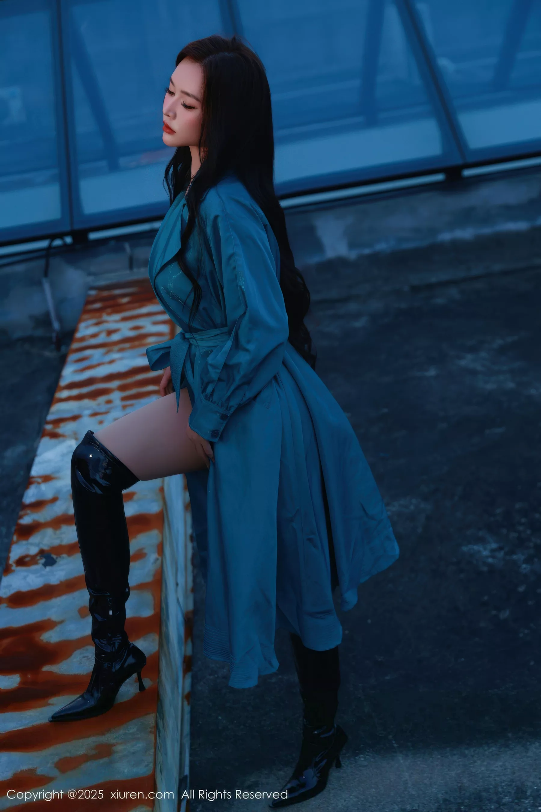 Nabi sexy blue trench coat revealing black lace lingerie showing figure stunning photo shoot 82P 5