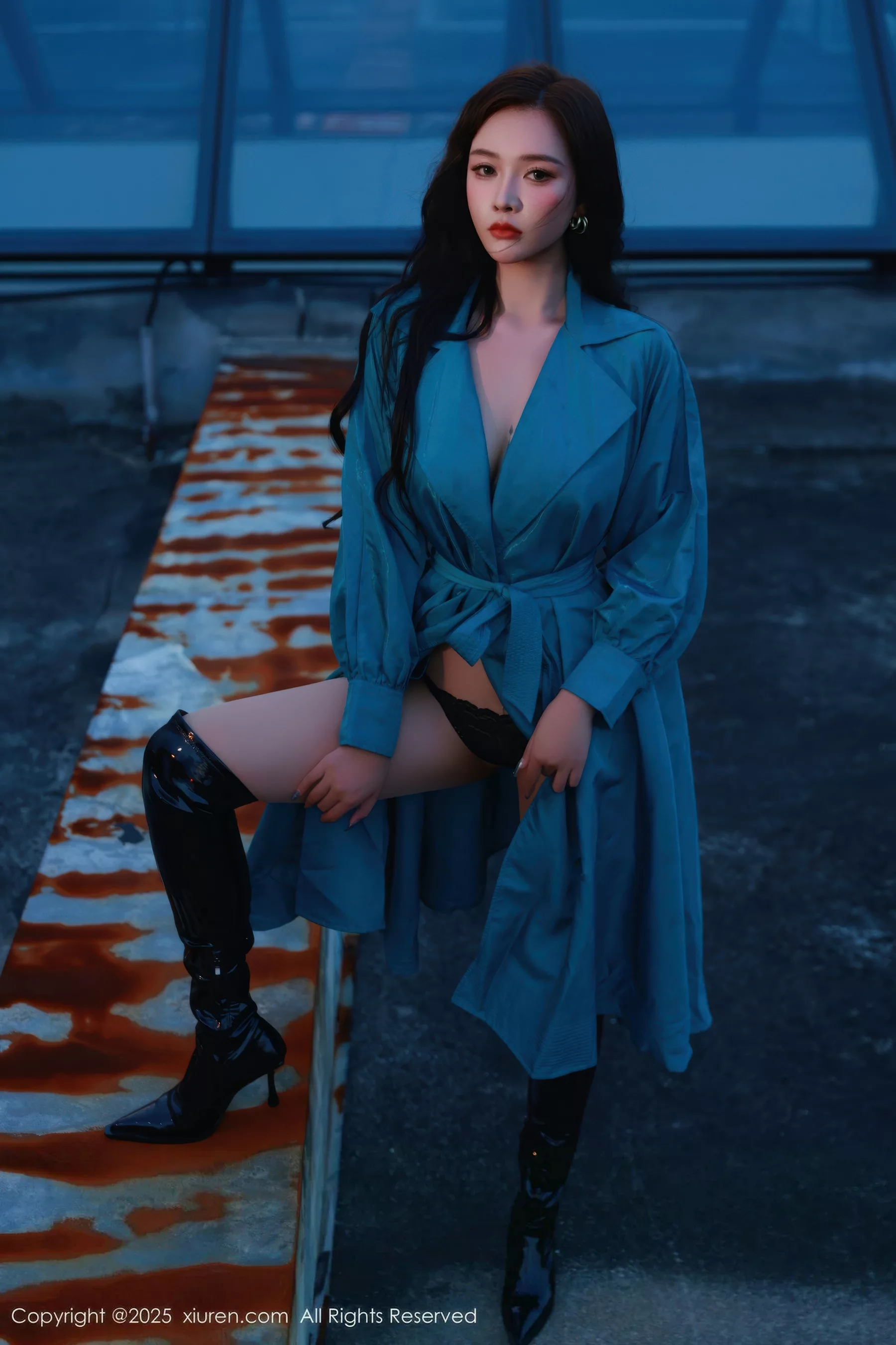 Nabi sexy blue trench coat revealing black lace lingerie showing figure stunning photo shoot 82P 6