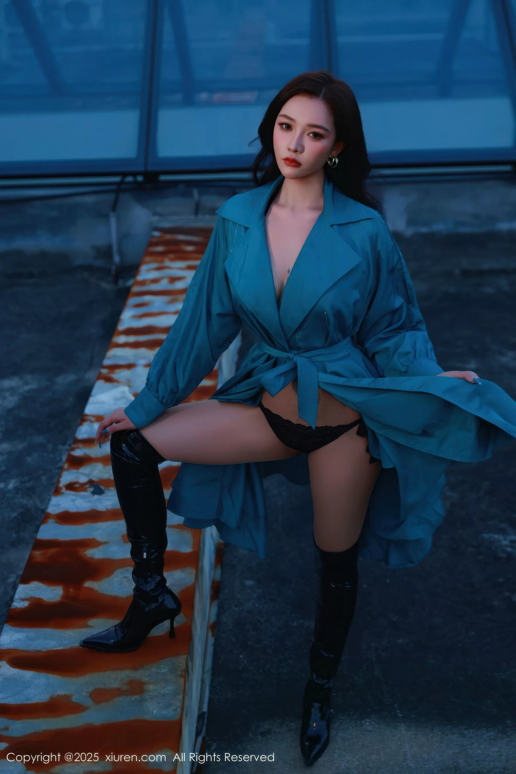 Nabi sexy blue trench coat revealing black lace lingerie showing figure stunning photo shoot 82P 7