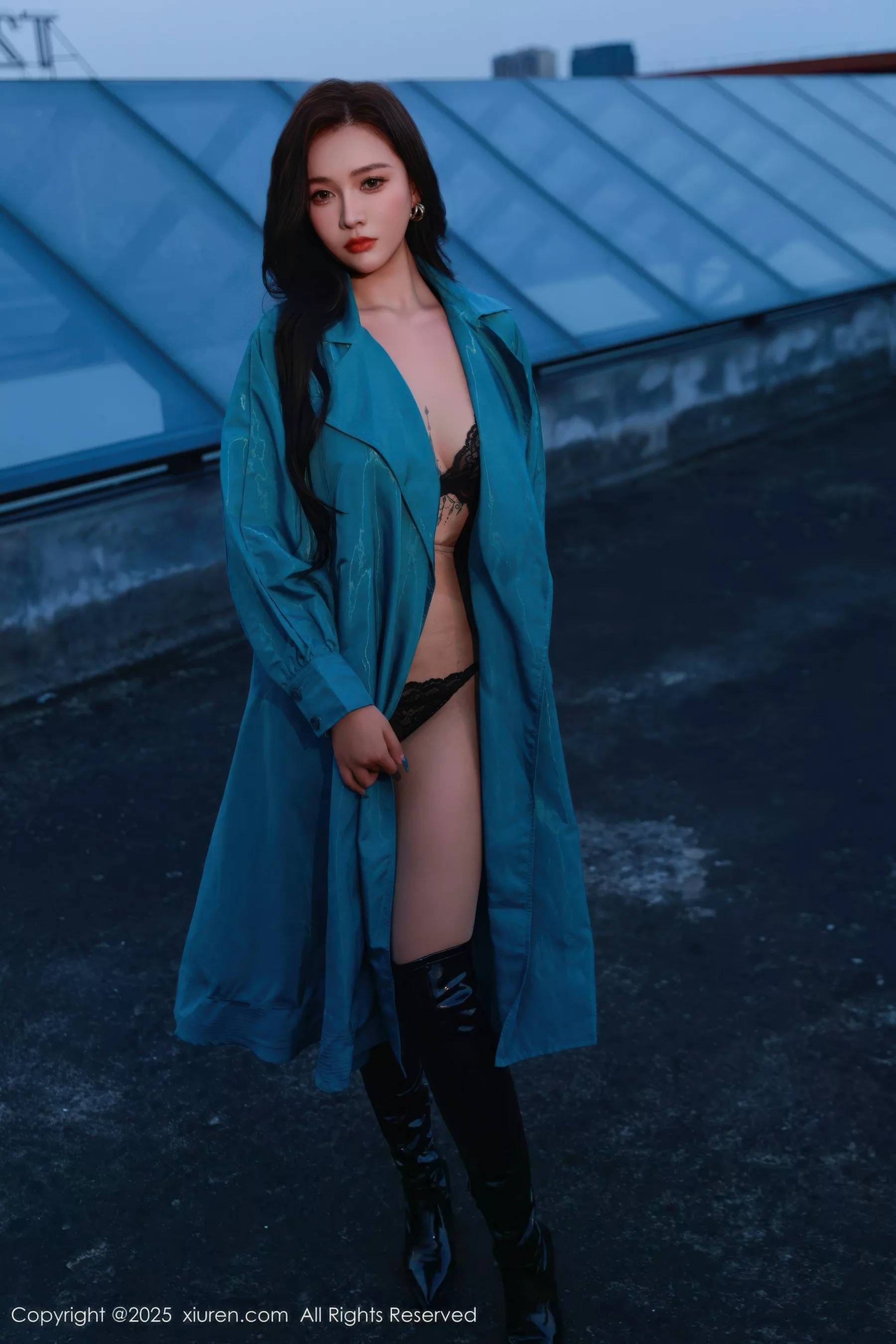 Nabi sexy blue trench coat revealing black lace lingerie showing figure stunning photo shoot 82P 8