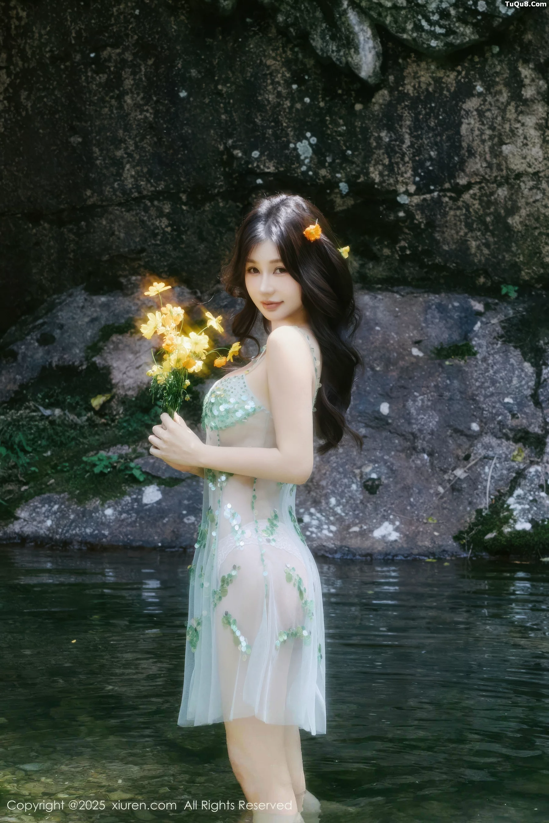 Yin Tiantian's Sexy Sheer Sequin Skirt Photoshoot by Outdoor Stream Showcasing Curvy Figure and Stunning Beauty 58P