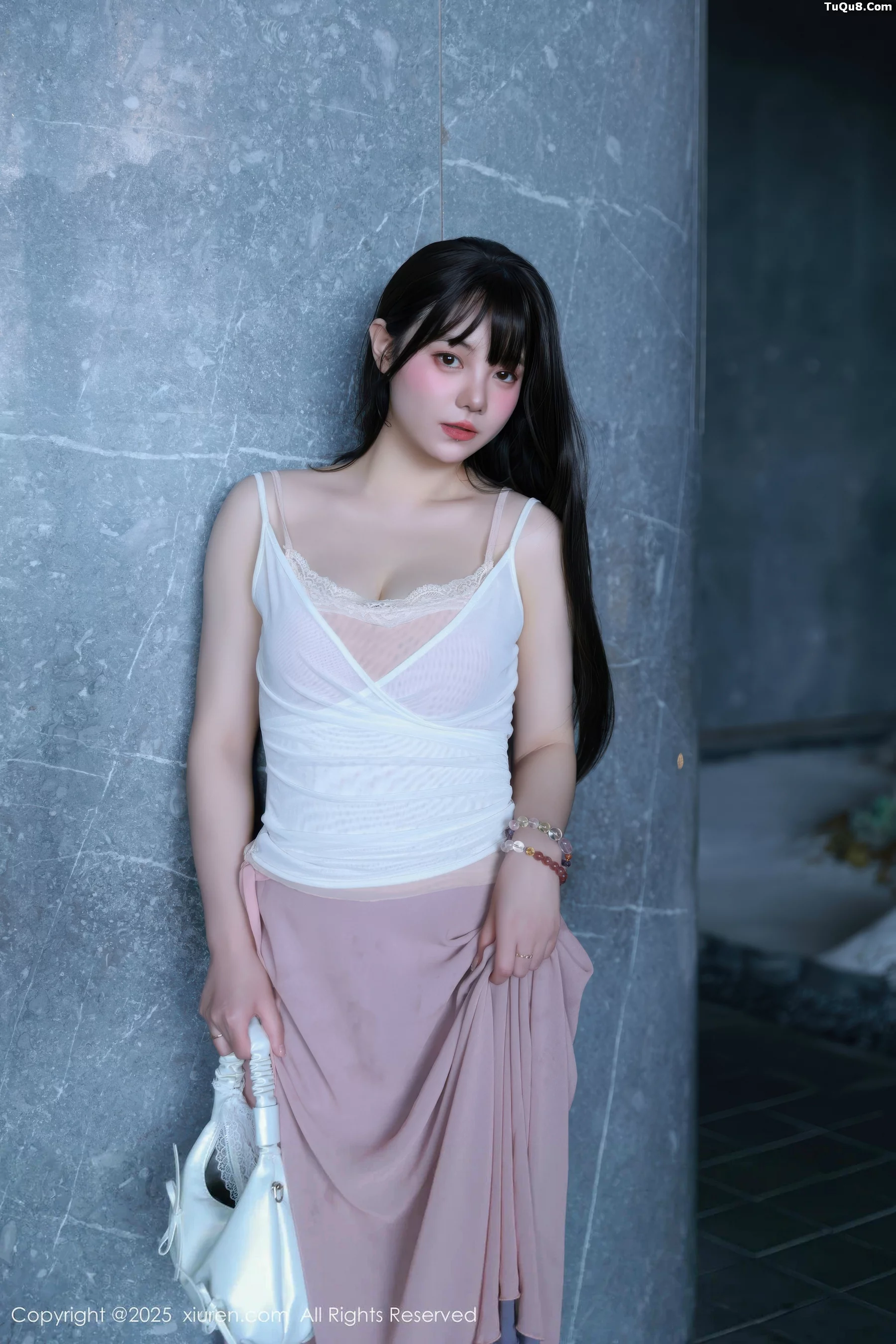 Soft and sexy low-cut purple long dress revealing pink underwear showing graceful figure charming absolutely beautiful photo set 86P 6