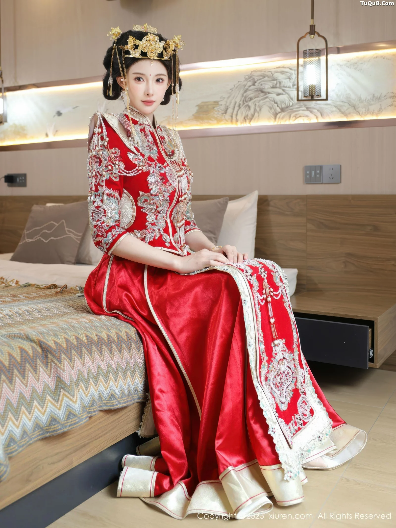 Lishuang'er Sexy Red Bridal Outfit with Nude Stockings Showcasing Curvy Figure in Charming Photoshoot 84P