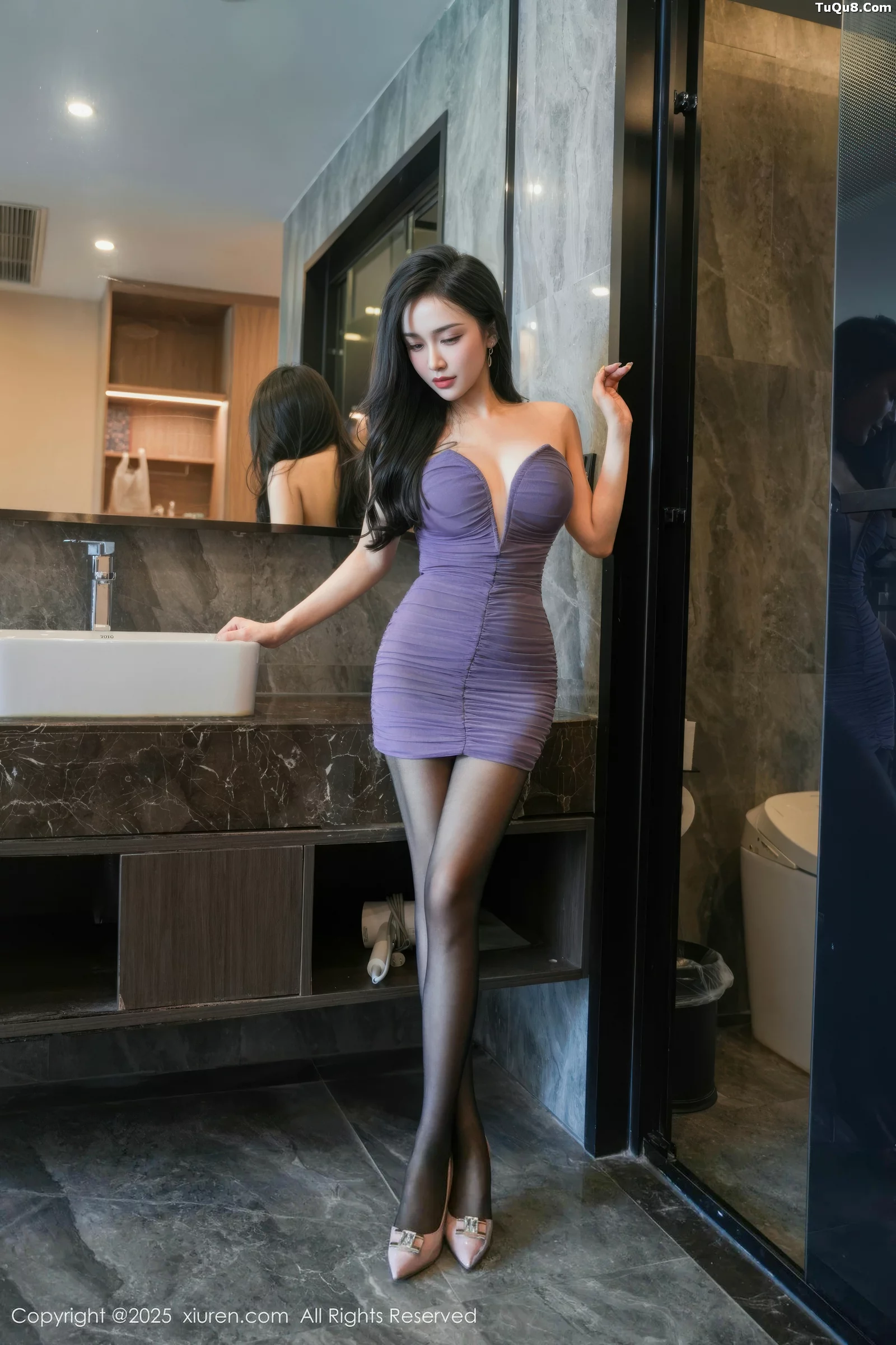 Little A Jiao Gill: Sexy Purple Mini Dress and Sheer Black Stockings Photoshoot Featuring Perfect Figure 72P