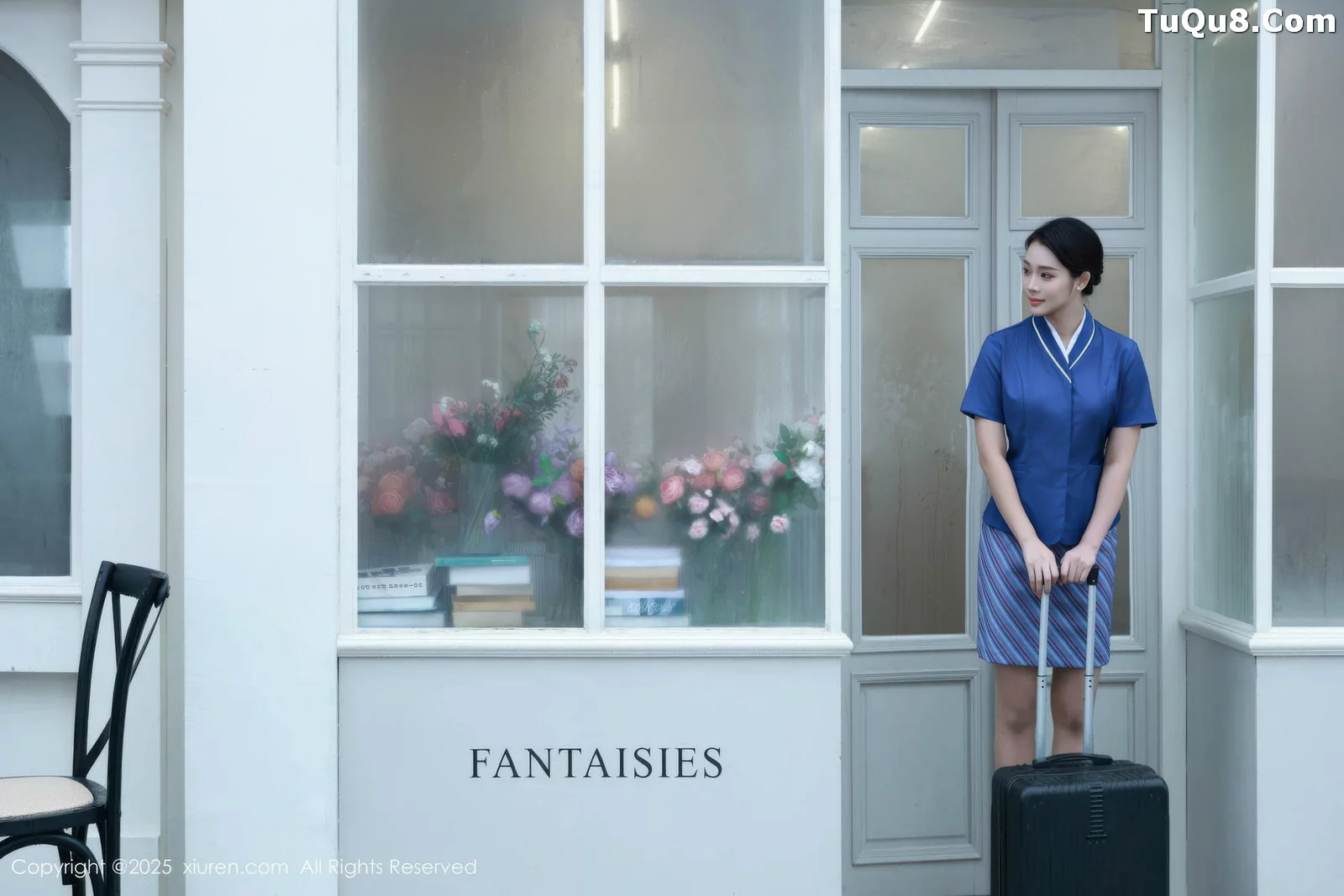 Nán Qiáo: Sexy Blue Flight Attendant Uniform, Nude Stockings, Perfect Figure Photoshoot 64P