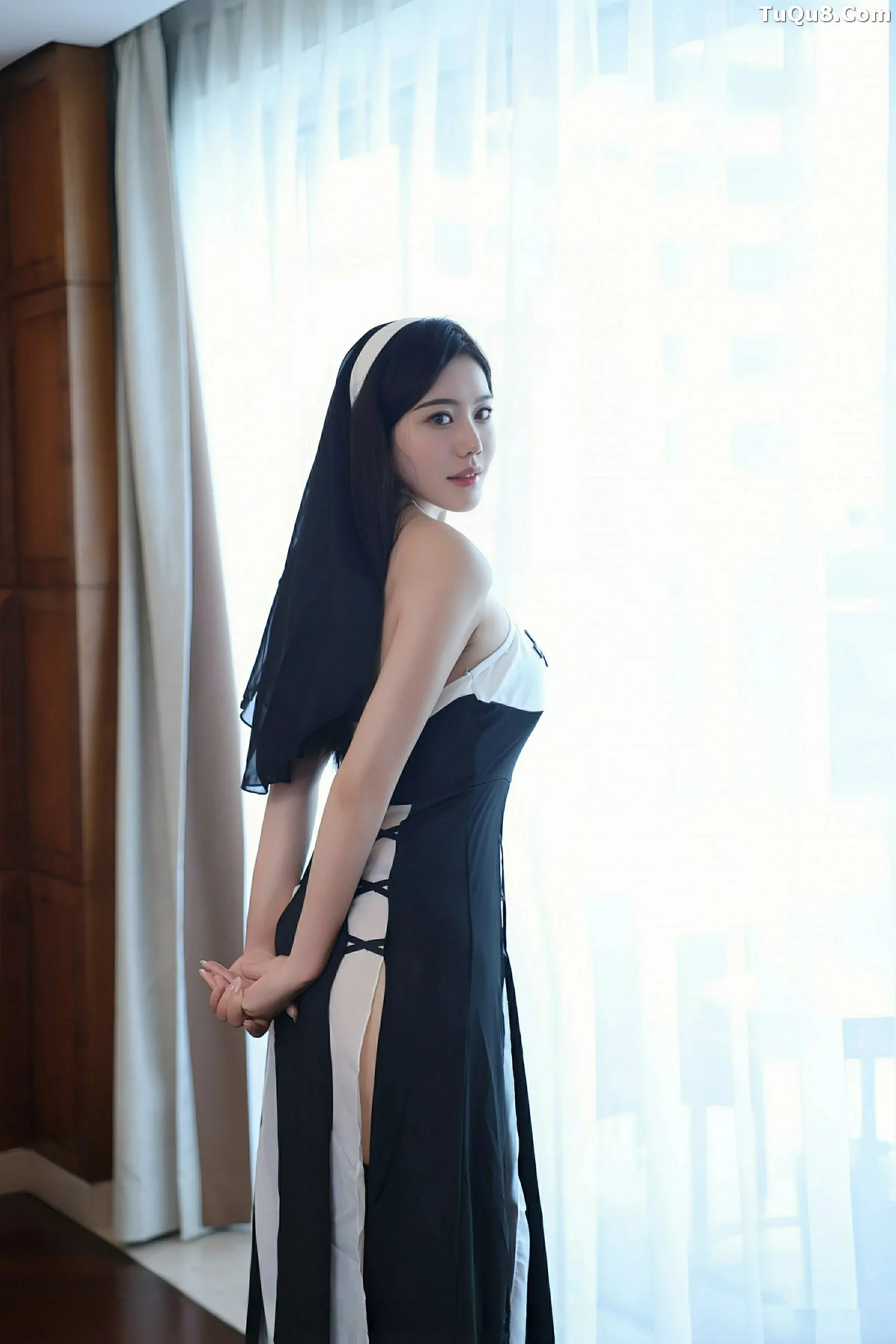 Bai Weiwei vcvc Sexy Black and White Nun Outfit with Black Stockings Show Voluptuous Figure Gorgeous Photoshoot 71P 4