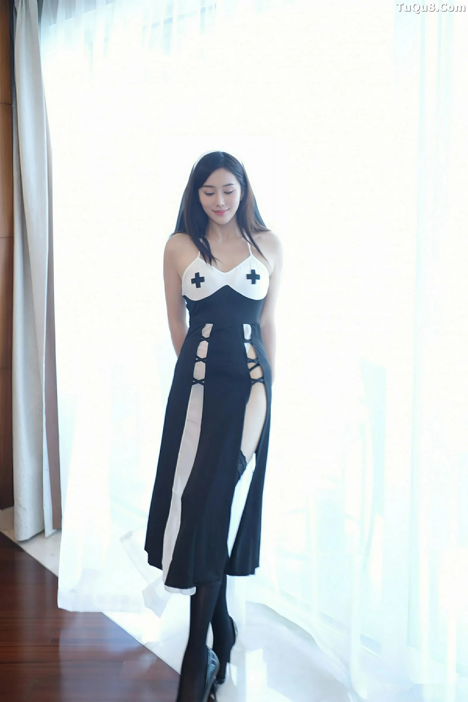 Bai Weiwei vcvc Sexy Black and White Nun Outfit with Black Stockings Show Voluptuous Figure Gorgeous Photoshoot 71P 7