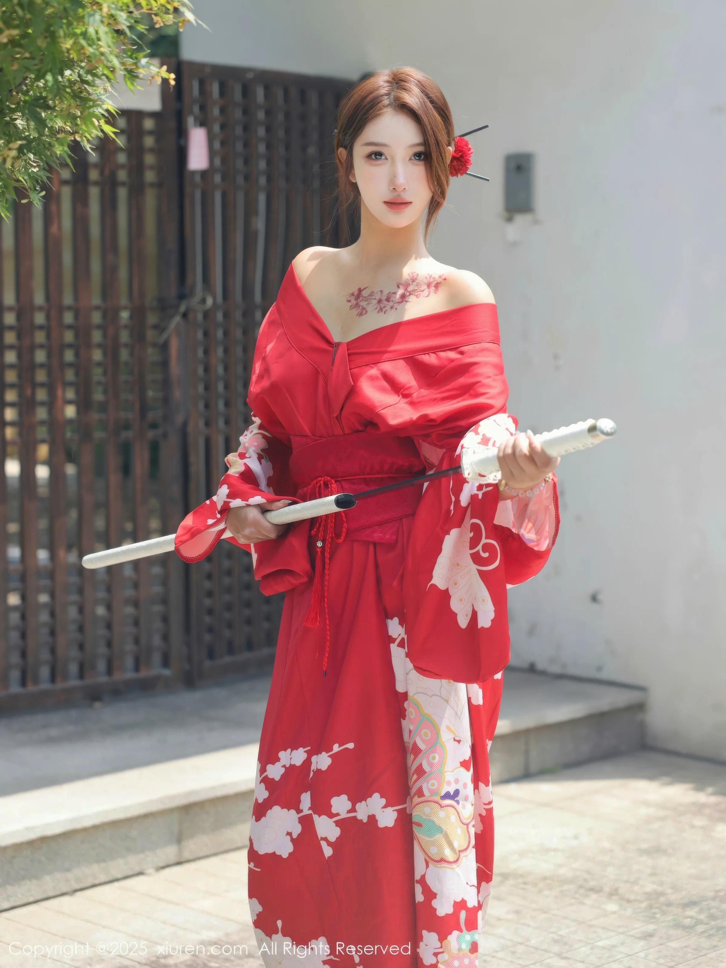 Jin Yunxi Yuki Outdoor Sexy Red Kimono Sensual Display Perfect Figure Stunning Photoshoot 80P