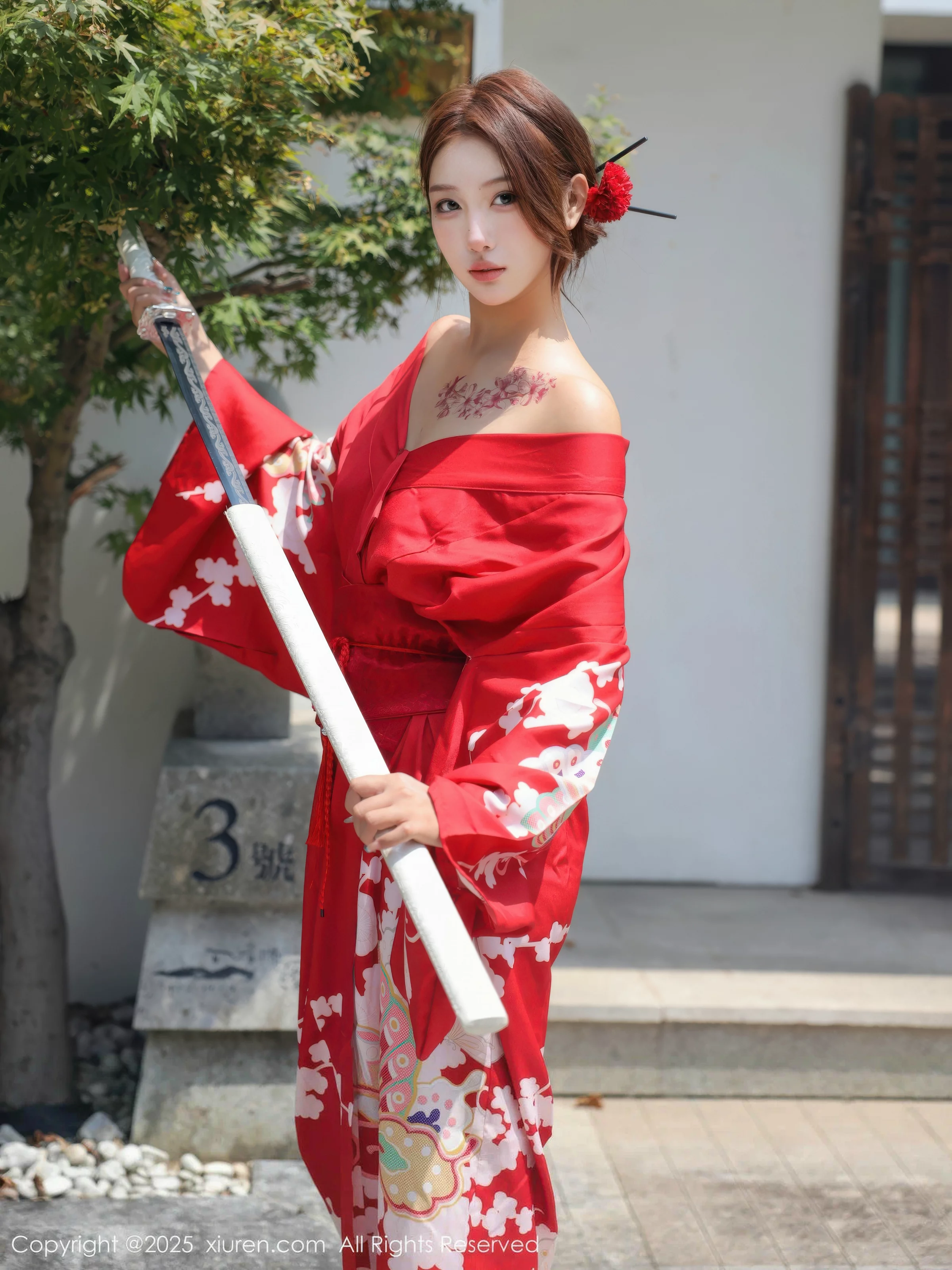 Jin Yunxi Yuki Outdoor Sexy Red Kimono Half-Undressed Show Perfect Figure Hot Stunning Photoshoot 80P 2
