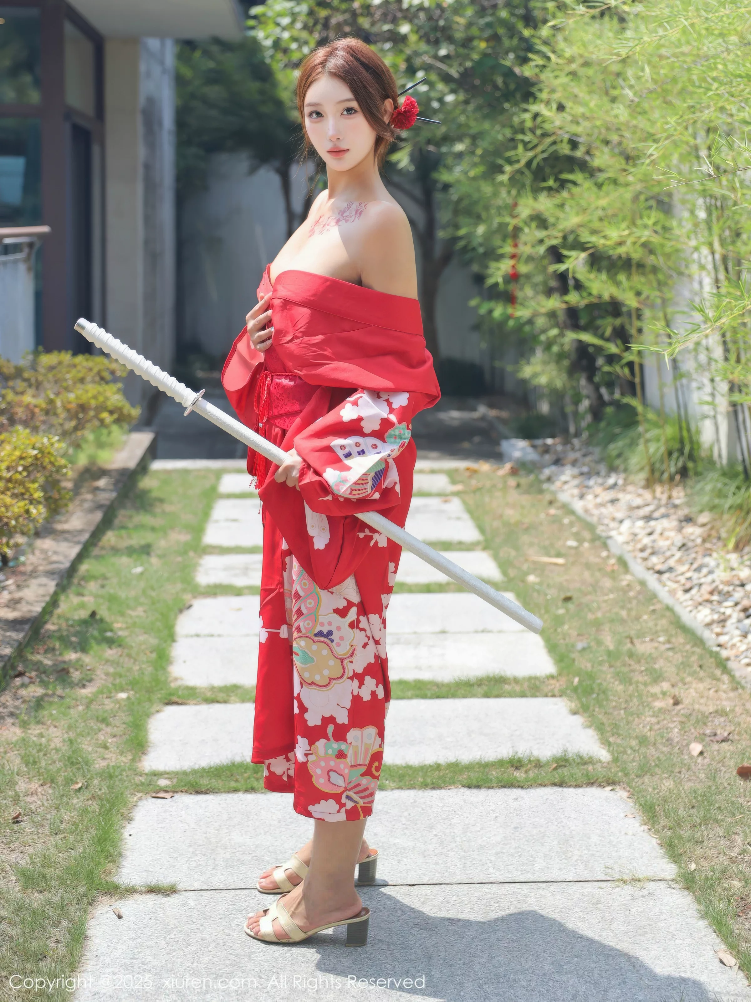 Jin Yunxi Yuki Outdoor Sexy Red Kimono Half-Undressed Show Perfect Figure Hot Stunning Photoshoot 80P 5