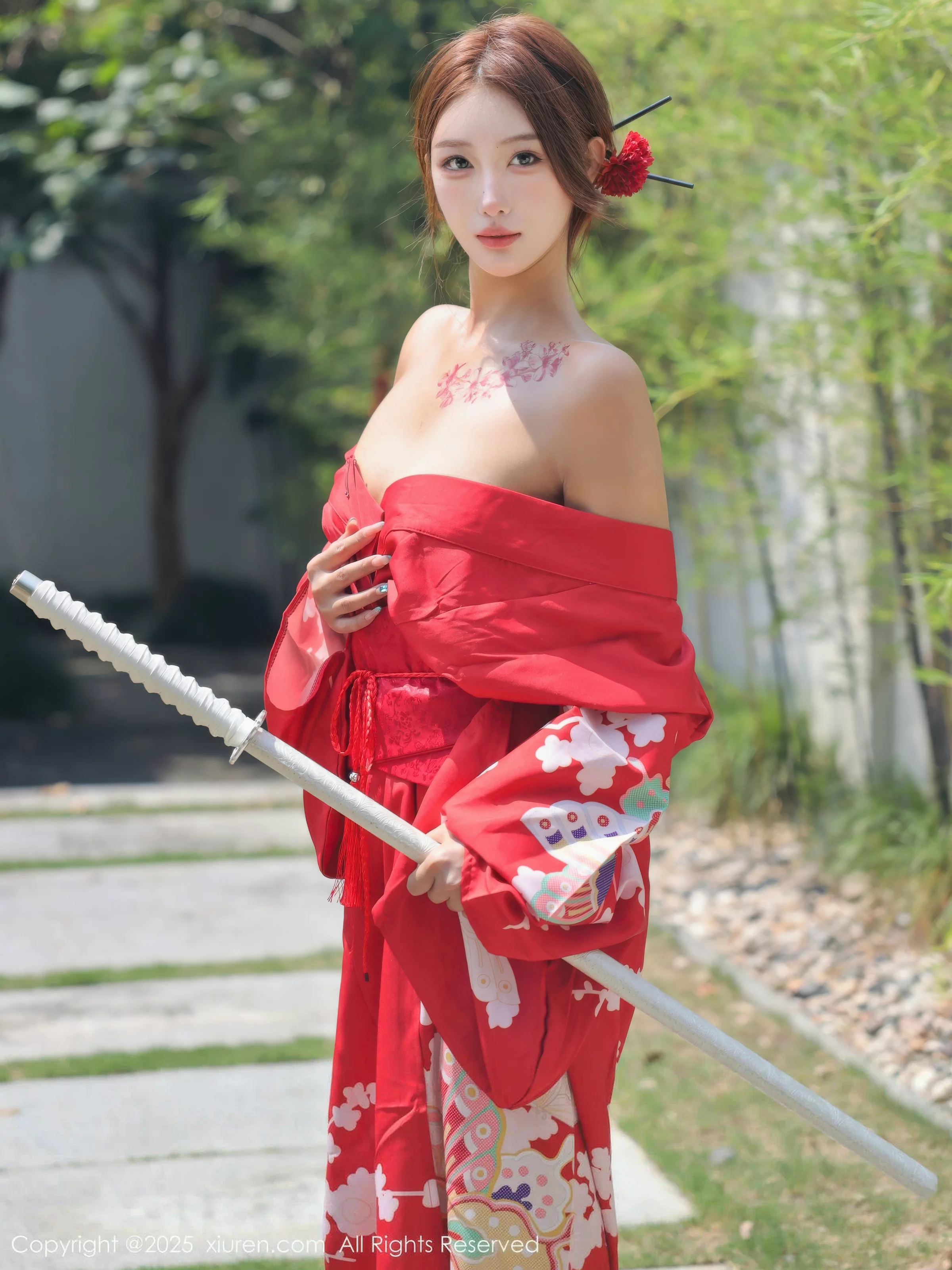 Jin Yunxi Yuki Outdoor Sexy Red Kimono Half-Undressed Show Perfect Figure Hot Stunning Photoshoot 80P 6