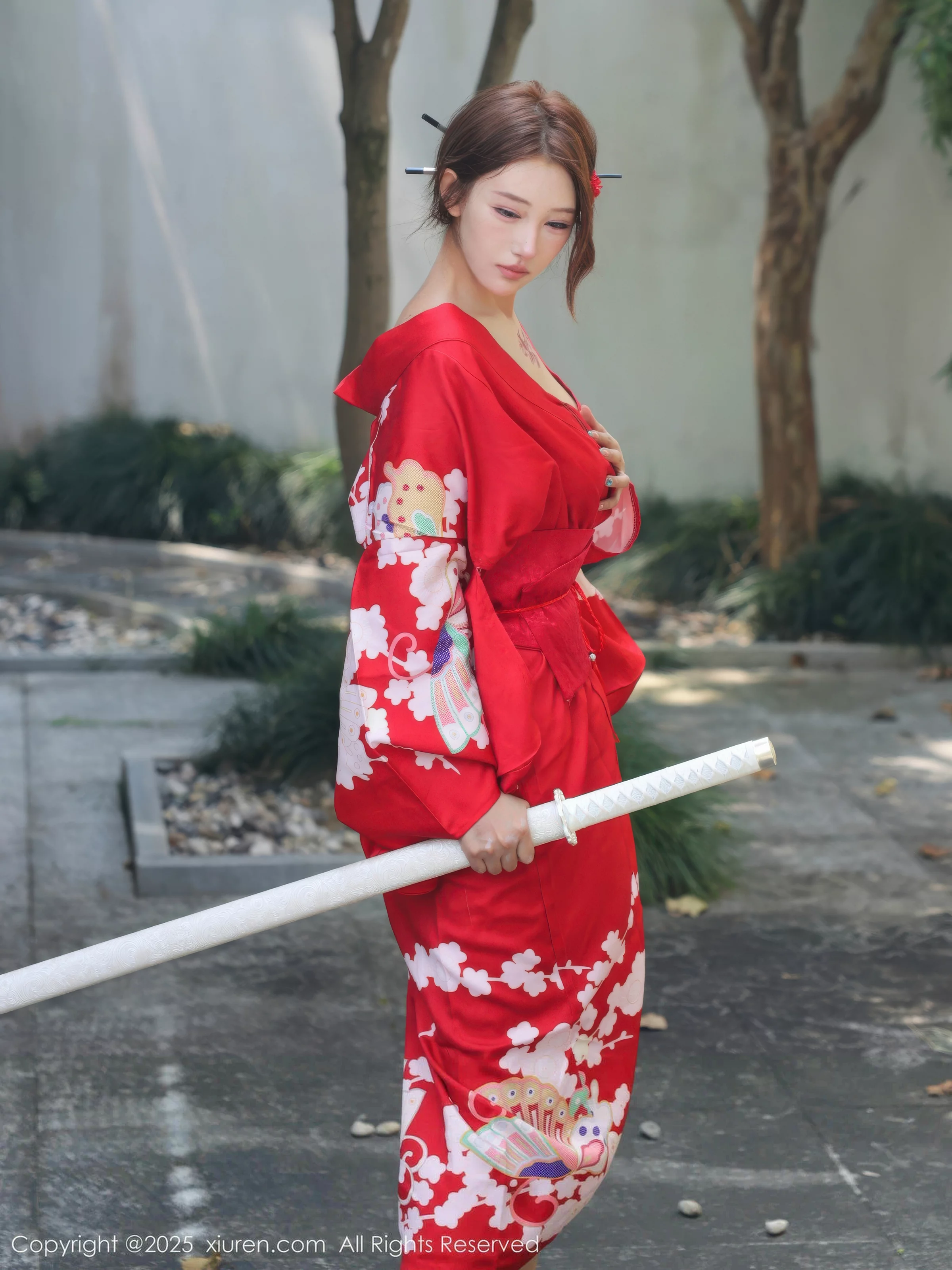 Jin Yunxi Yuki Outdoor Sexy Red Kimono Half-Undressed Show Perfect Figure Hot Stunning Photoshoot 80P 7
