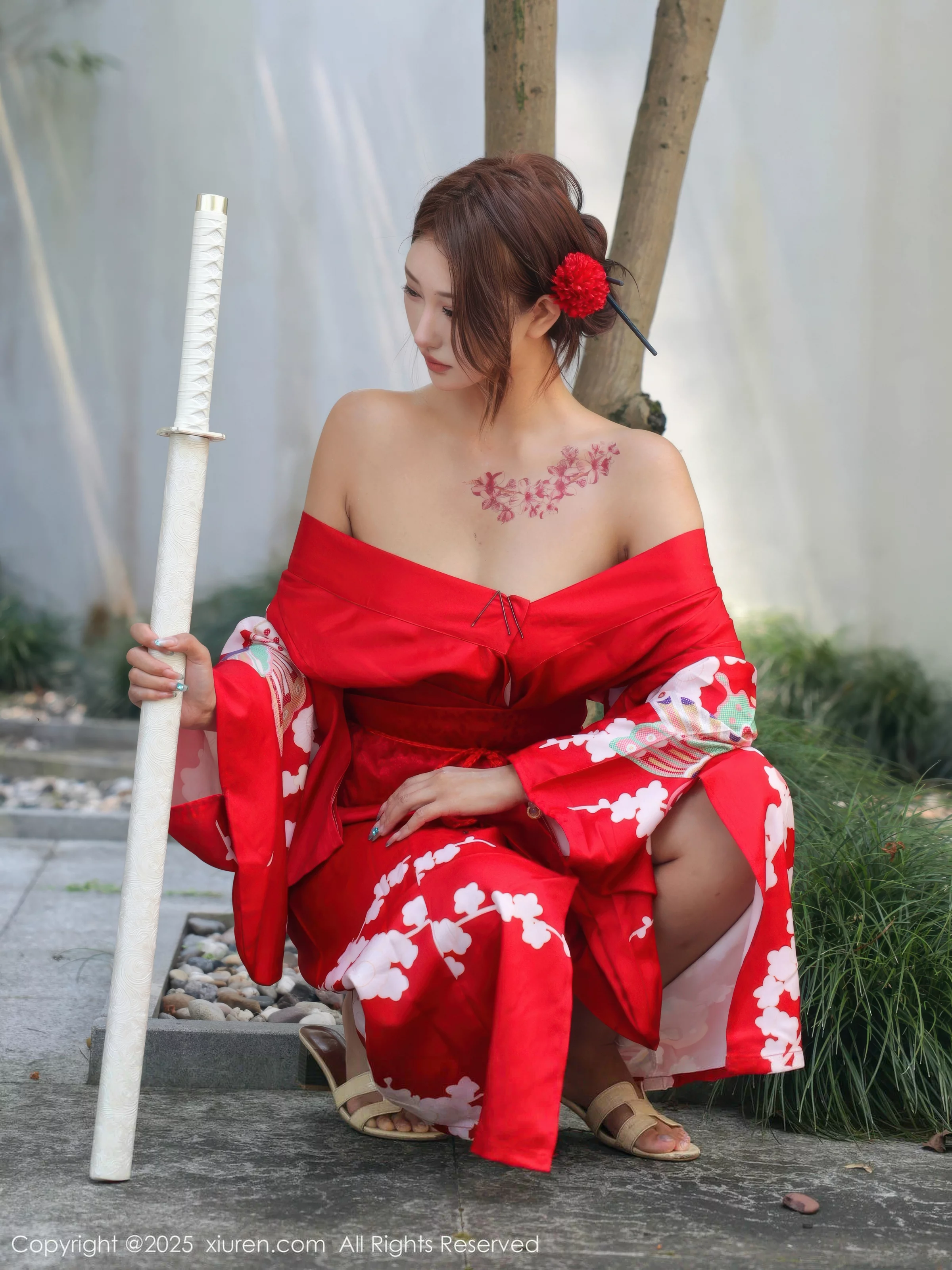 Jin Yunxi Yuki Outdoor Sexy Red Kimono Half-Undressed Show Perfect Figure Hot Stunning Photoshoot 80P 8
