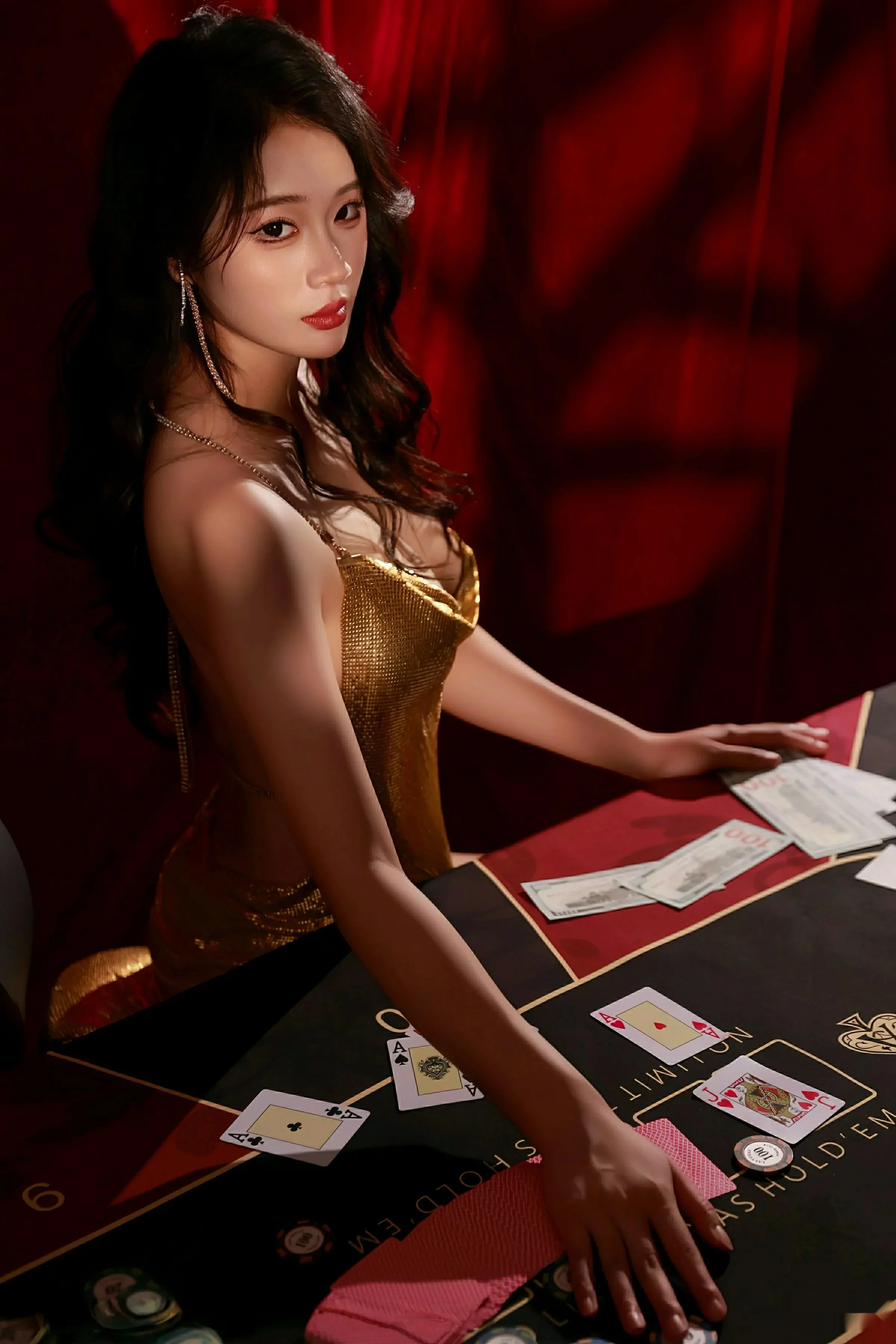 Nán Qiáo sexy gold slip dress + red lingerie showing off hot body alluring beautiful photo set 70P 4