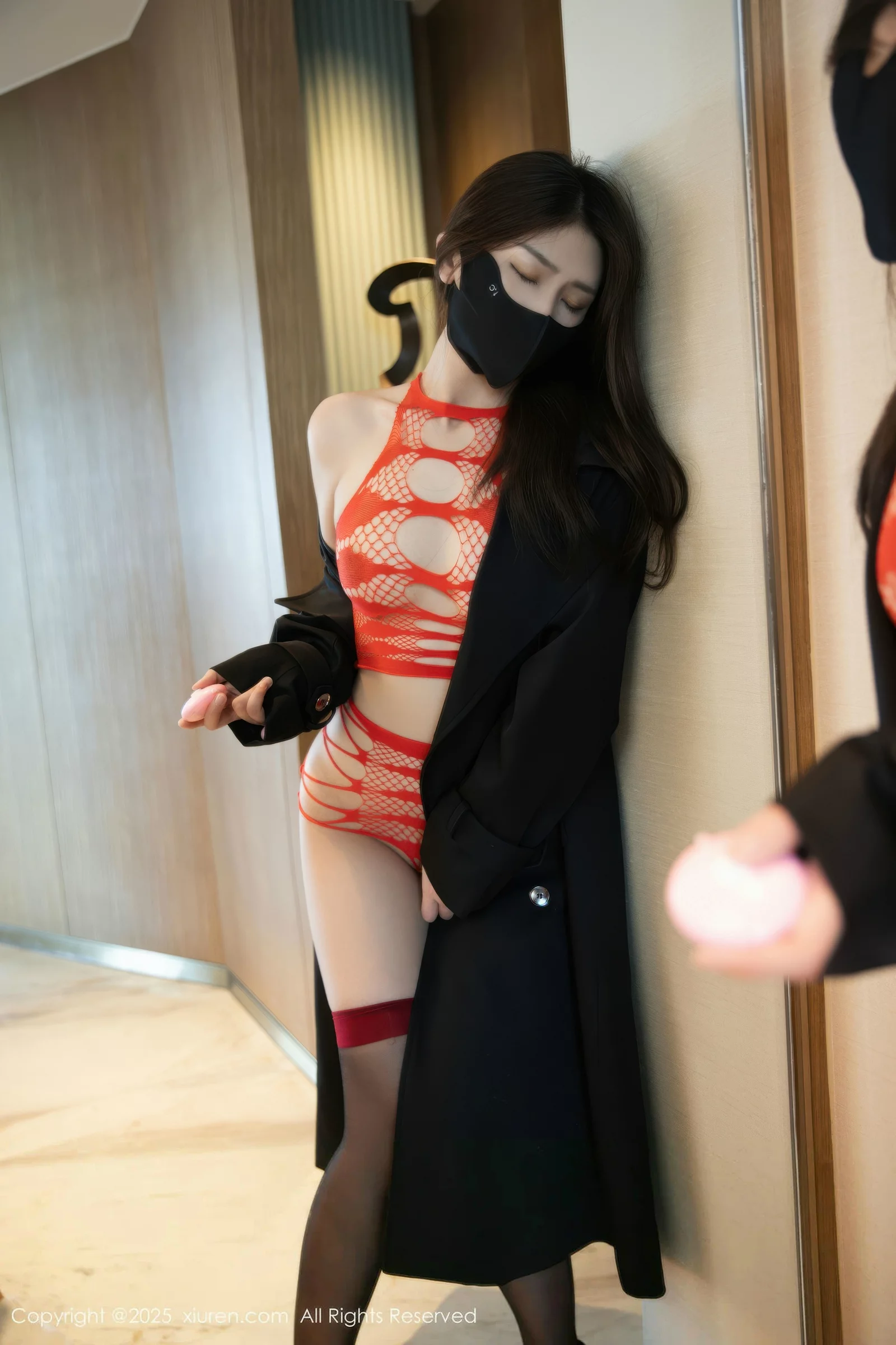 Liu Tingting Sexy Black Trench Coat Revealing Red Lingerie Hot Body Display Tempting Gorgeous Photoshoot 58P 8