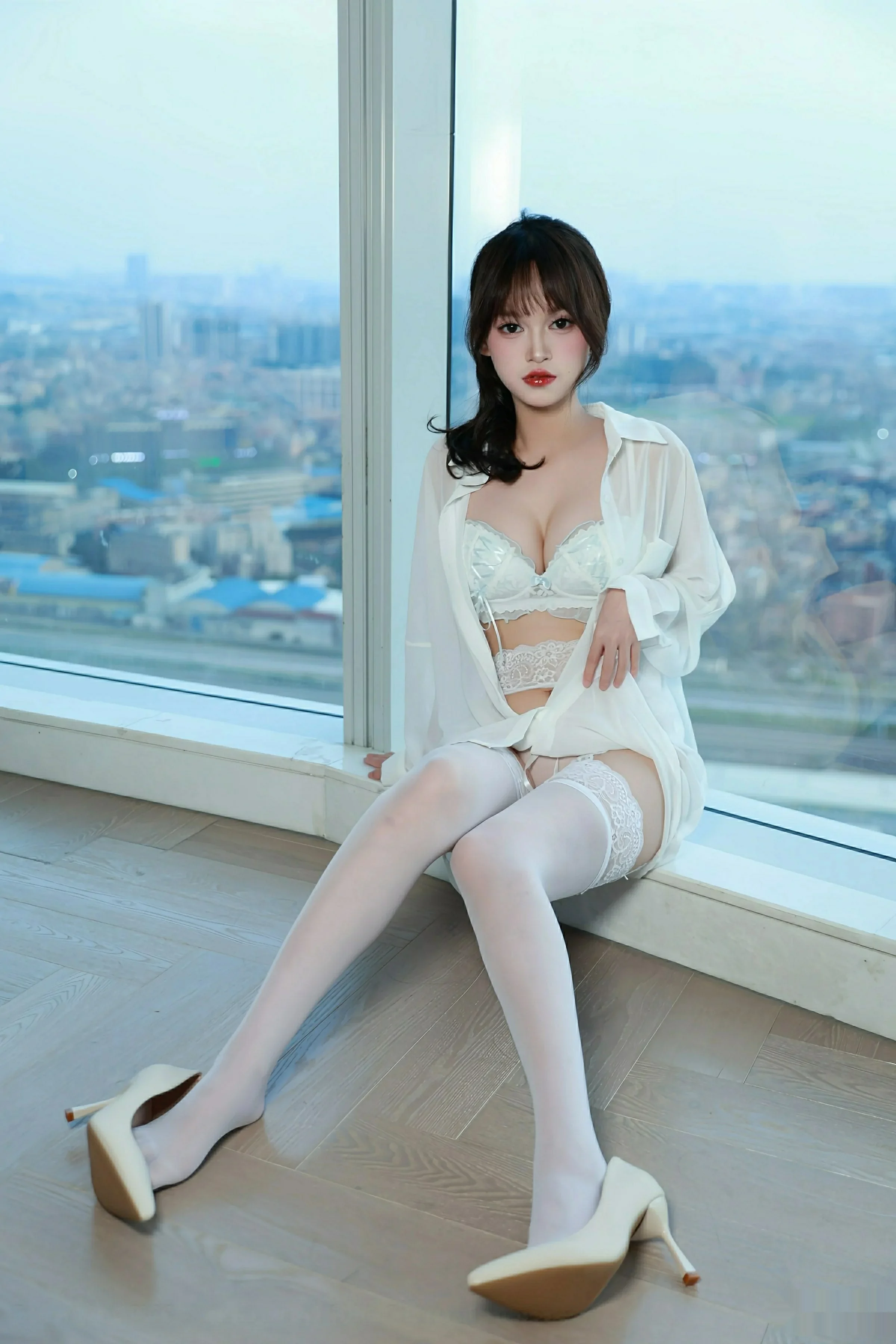 Nuomi Sexy White Shirt Revealing White Lingerie with White Stockings and Garter Set Perfect Figure Gorgeous Photoshoot 80P 4