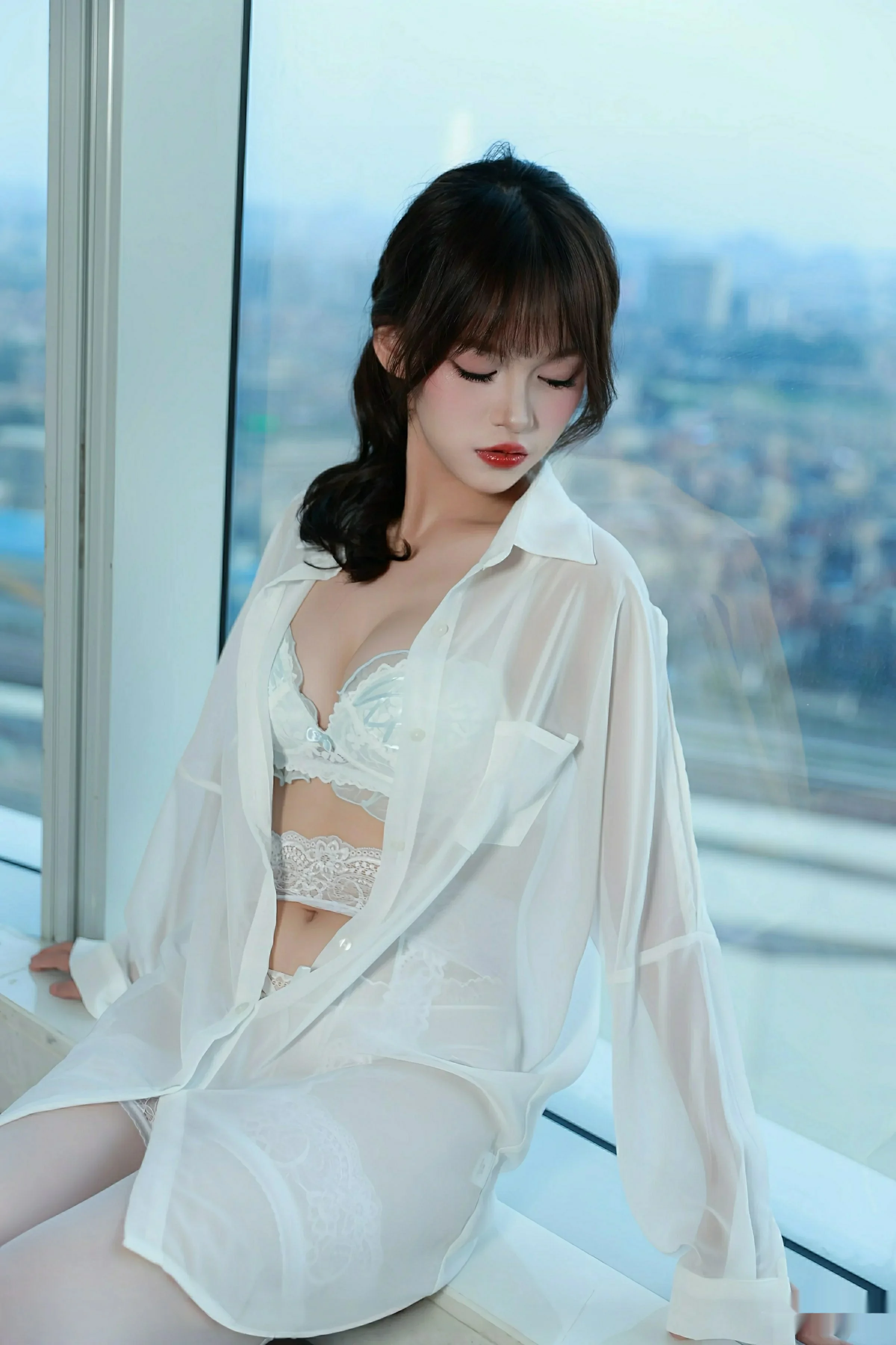 Nuomi Sexy White Shirt Revealing White Lingerie with White Stockings and Garter Set Perfect Figure Gorgeous Photoshoot 80P 5