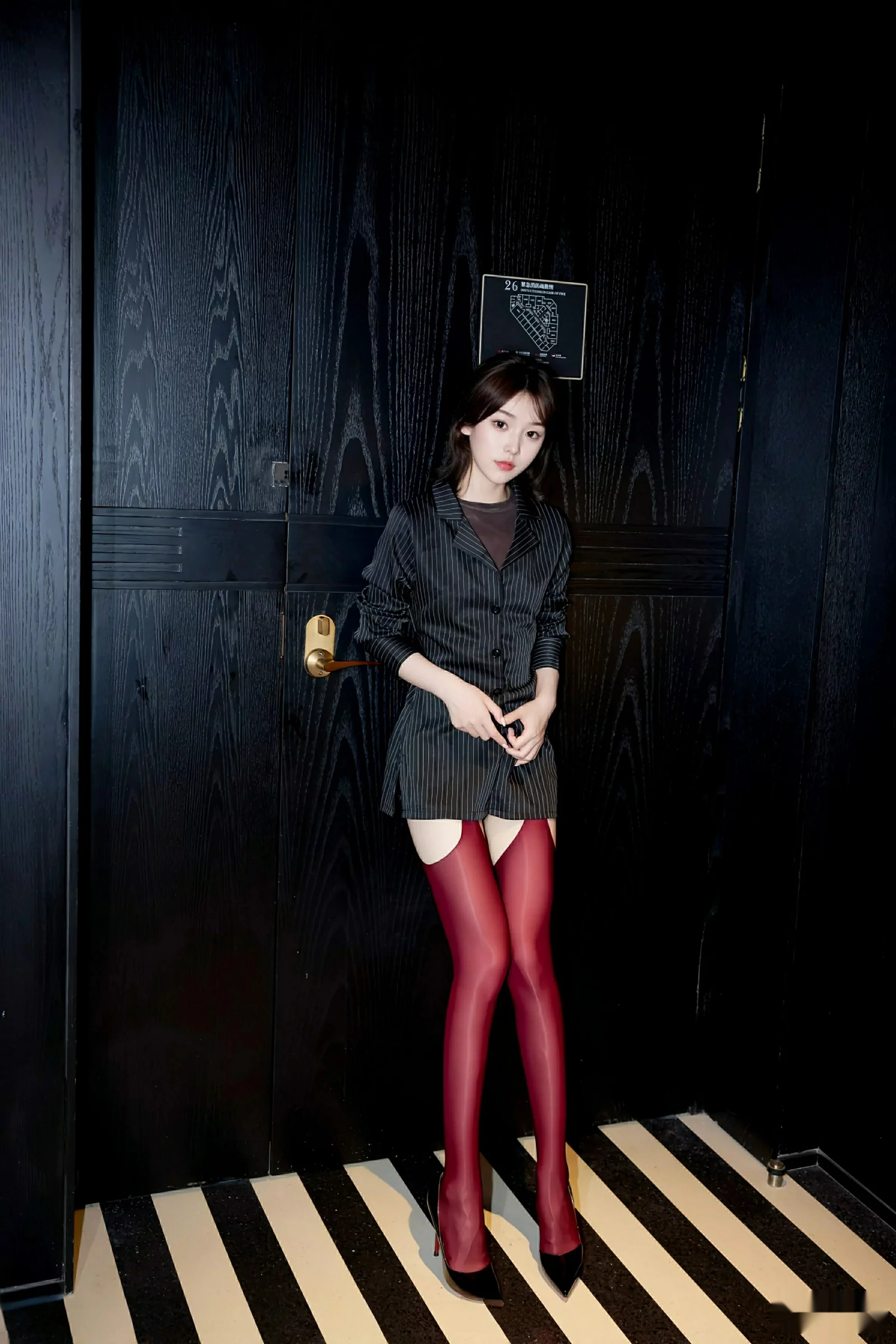 Zhizhi Fashion Outfit Sexy Black Shirt Paired with Red Silk Garter Belt Showcasing Graceful Figure Exquisite Photo Shoot 53P 2