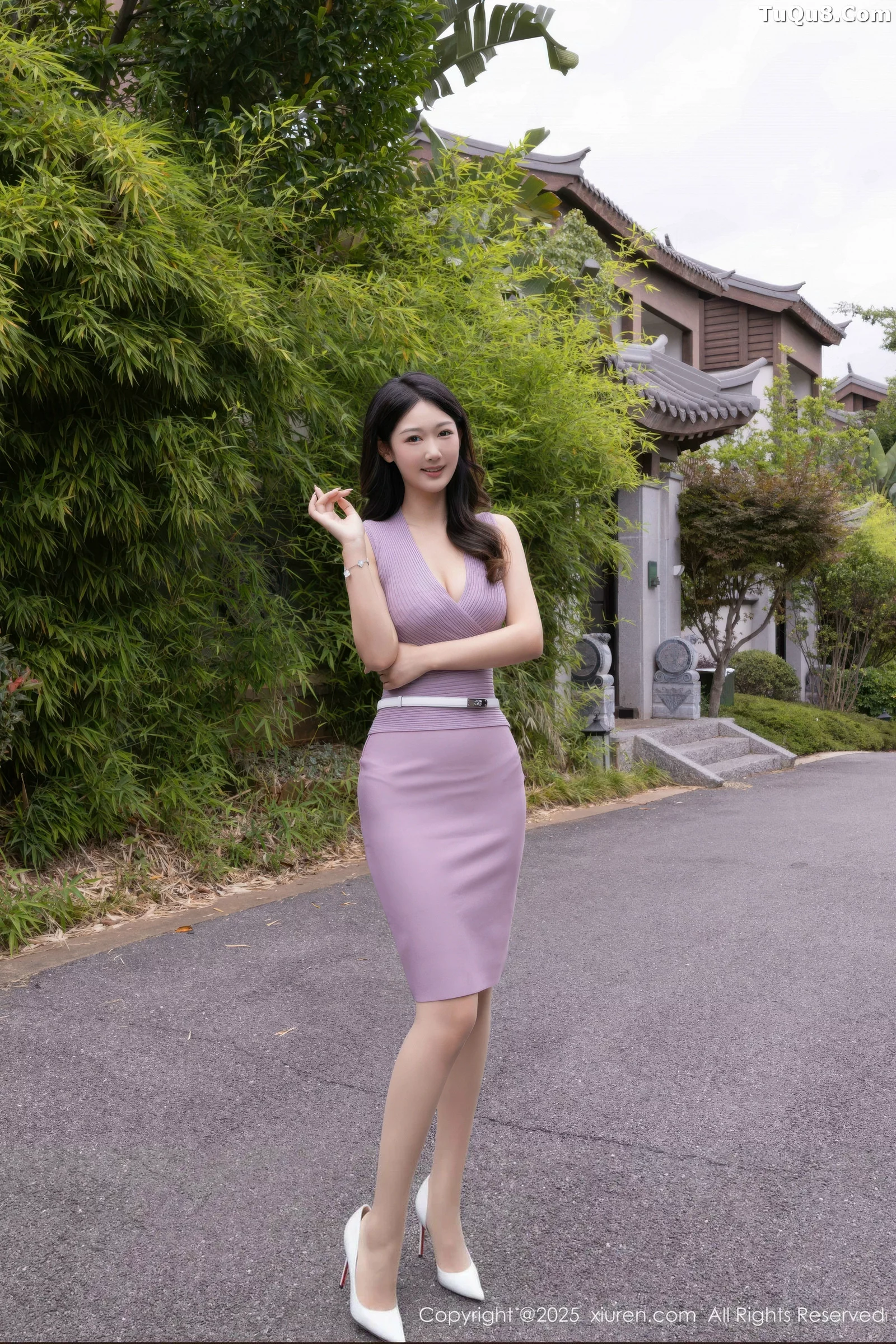 Tang Anqi's Sexy Purple Dress with White Underwear and Fishnet Stockings Showcasing Her Stunning Figure - Beautiful Photoshoot 82P